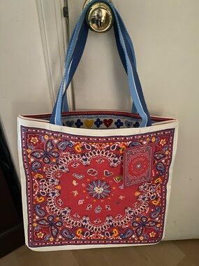 NWT Brighton Red Paisley Print Tote Bag with Blue Handles 14x14
